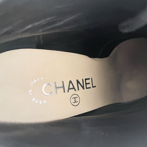 Chanel Lace Up CC Booties EU 38.5 US 7.5-8 Black Cap Toe High Heel Ankle Boot - Picture 11 of 15